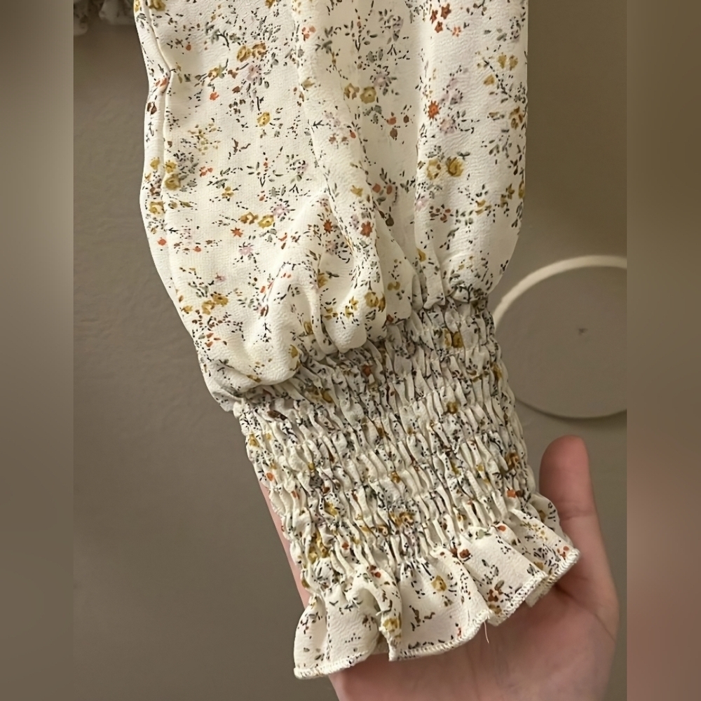 Altar’d State Floral Cream Yellow Smocked Gathered Long Slender Blouse Top Large - Picture 3 of 5